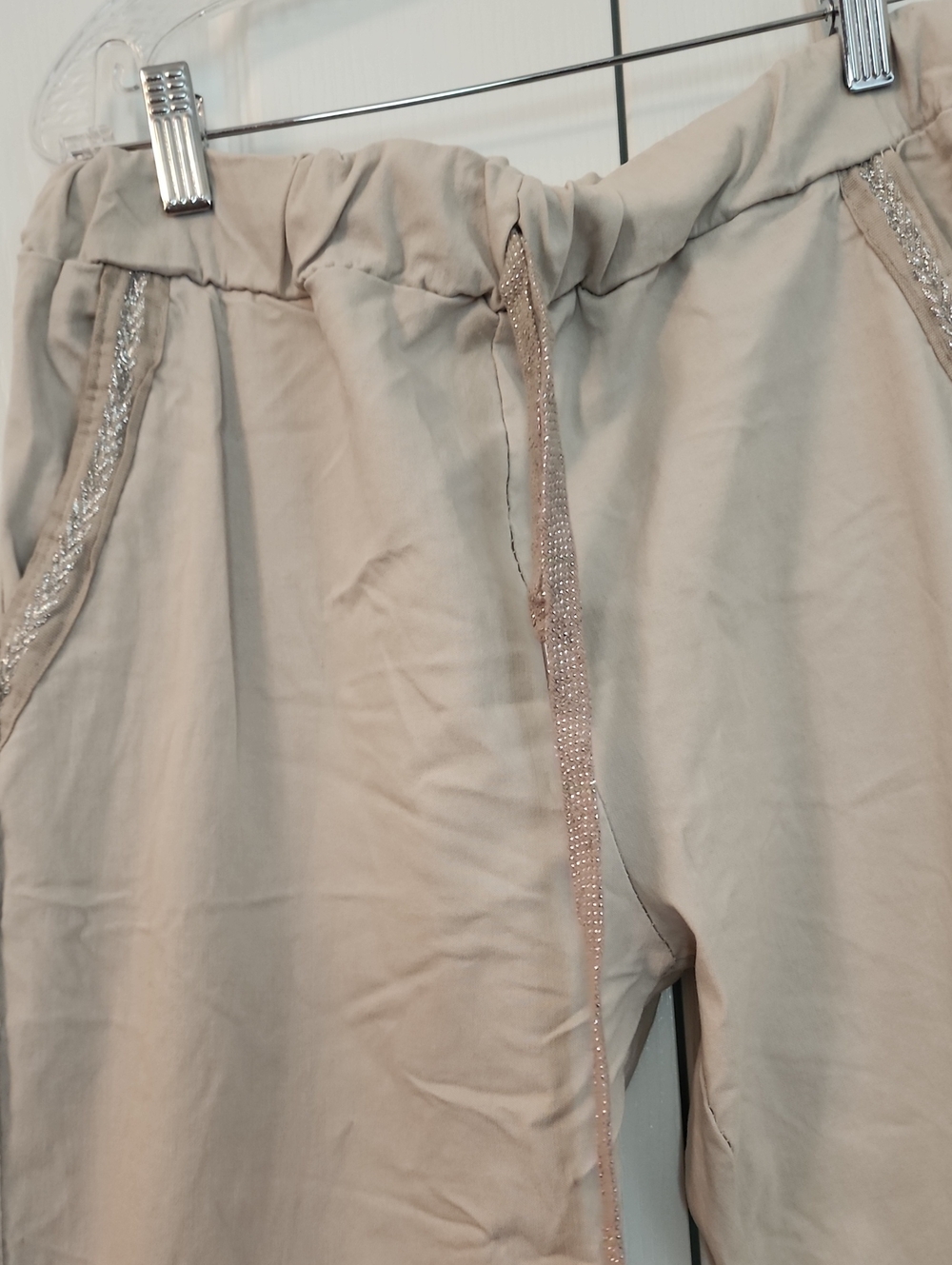 New  Light Beige Jogger Pants with Metallic Trim made in Italy